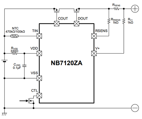Application Circuit Diagram - Nisshinbo NB7120ZA 1-Cell Li-ion Battery Protection IC